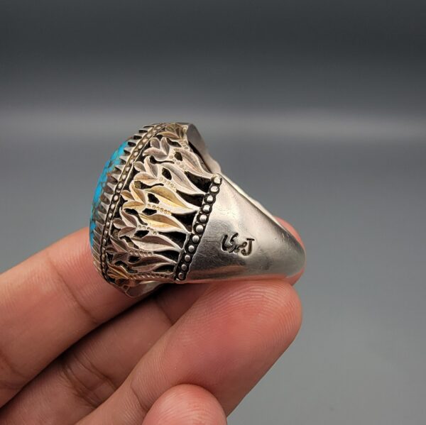 "Natural Feroza Turquoise ring 28.17 grams oval cabochon from Nishapur Iran set in sterling silver 925 with tulip engraved band, Faisalabad craftsmanship"
