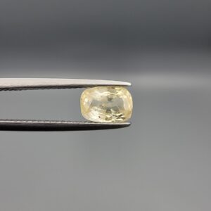 "Natural unheated Yellow Sapphire Pukhraj gemstone 1.62 carat cushion cut from Sri Lanka Ceylon held in tweezers showing warm golden color and natural inclusions"