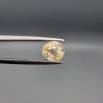 "Natural unheated Yellow Sapphire Pukhraj gemstone 1.98 carat round cut from Sri Lanka Ceylon held in tweezers showing bright golden color and natural inclusions"