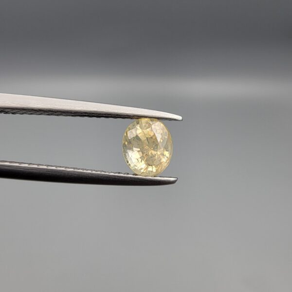 "Natural unheated Yellow Sapphire Pukhraj gemstone 1.05 carat oval cut from Sri Lanka Ceylon held in tweezers showing bright golden color and excellent brilliance"