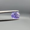 "Natural unheated Purple Sapphire Khooni Neelam gemstone 1.38 carat oval cut from Sri Lanka Ceylon held in tweezers showing vivid violet color and natural rust inclusions"