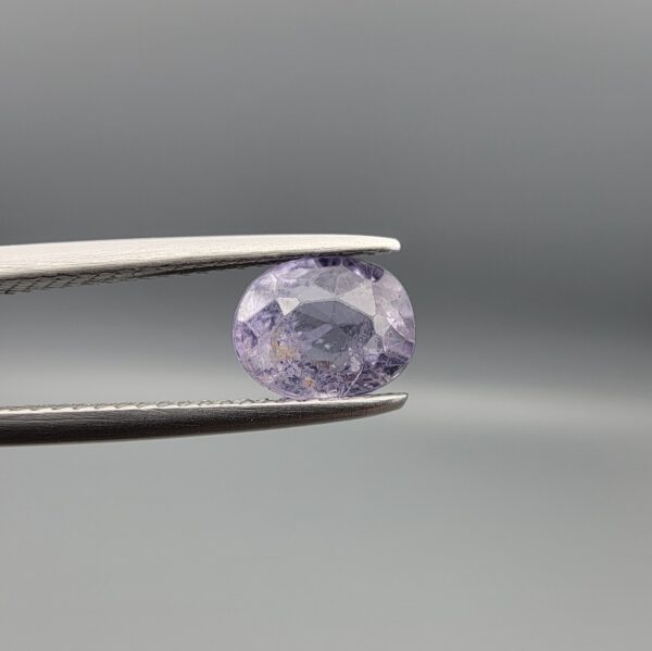 A premium, beautifully faceted 1.47-carat natural Purple Sapphire gemstone is held securely in metal tweezers against a clean, neutral grey background. The loose oval-cut corundum gem displays a soft lavender-purple hue with natural internal veil inclusions, serving as an indisputable signature of its rare unheated, earth-mined origin.