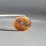 A 10.79-carat oval natural Yemeni carnelian agate cabochon held in tweezers against a gray backdrop. The front side shows a rich, speckled field of red, orange, yellow, and black dendritic inclusions, while the reverse side reveals clear orbicular white-ringed eyes on a translucent golden-orange surface.
