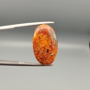 ​A 14.24-carat elongated oval natural Yemeni carnelian agate cabochon held in tweezers against a gray backdrop. The front displays a densely speckled matrix of orange, yellow, red, and dark brown inclusions, while the reverse face shows rich carnelian red, orange banding, and white orbicular eye patterns.