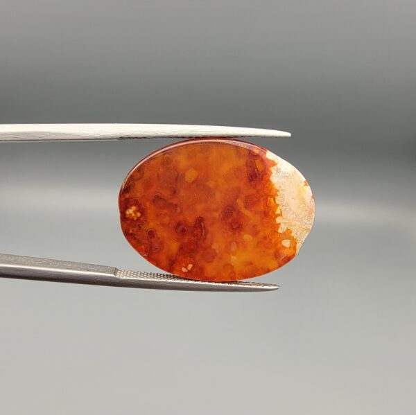 ​An 18.40-carat oval natural Yemeni carnelian agate cabochon held in tweezers against a gray studio background. One face displays a crystalline white-and-red frost matrix edged in bright yellow-orange, while the reverse side reveals a glowing field of carnelian red and orange botryoidal cloud patterns.