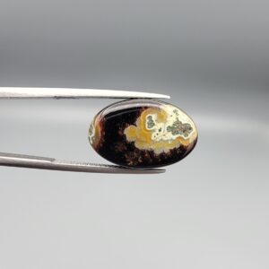 Natural black chalcedony agate oval cabochon 12.03 carat with cream and moss-green mineral inclusion from Iran