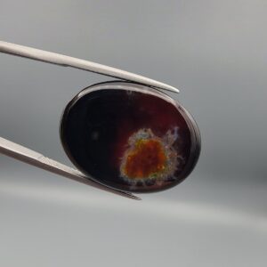 Natural black Sulemani agate oval cabochon 22.52 carat with natural orange tortoise-shaped mineral inclusion from Iran