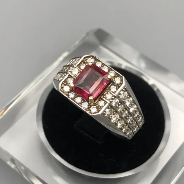 "Natural unheated Ruby ring 2.00 carat octagon cut from Mozambique set in diamond-accented gold ring with AIG gemstone certificate"