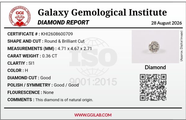 ​A GGI Diamond Report certificate card dated August 28, 2026, displaying specifications for a 0.36 carat round brilliant natural diamond with H color, SI1 clarity, Good cut grade, and a digital inset image of the gemstone alongside a QR code.