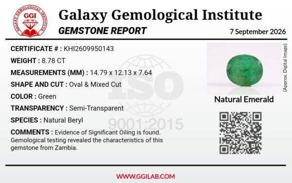 Natural green Zambian emerald Panna oval mixed cut gemstone 8.78 carat with GGI certification, oiled treatment