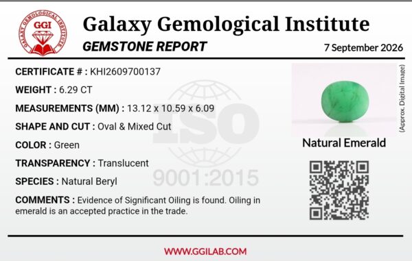 Natural green emerald Panna oval mixed cut gemstone 6.29 carat with GGI certification, oiled treatment