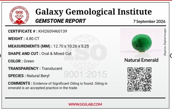 Natural green emerald Panna oval mixed cut gemstone 4.80 carat with GGI certification, oiled treatment