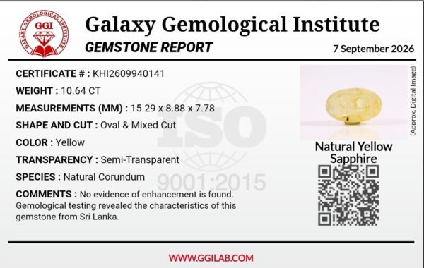 Natural yellow sapphire Pukhraj oval mixed cut gemstone 10.64 carat from Sri Lanka with GGI certification