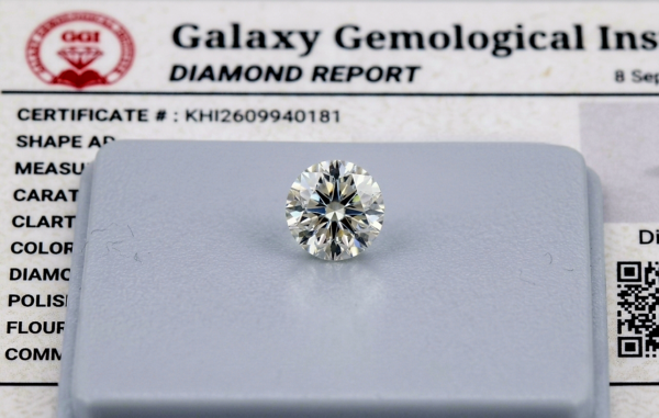 Digital image of a Galaxy Gemological Institute Diamond Report (Certificate # KHI2609940181) dated September 8, 2026, detailing a 0.07 Carat Round Brilliant Cut Natural Diamond with H color and VS1 clarity.