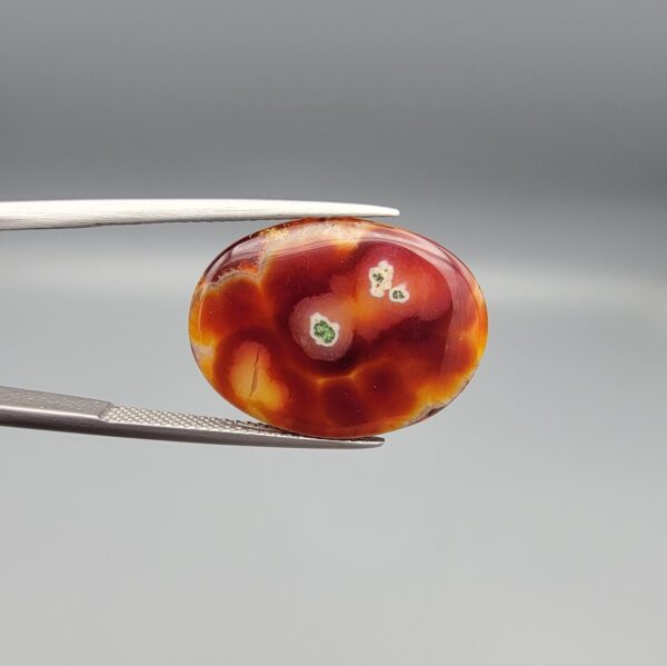 "Natural Irani Fire Agate Sulemani Aqeeq gemstone 16.65 carat oval cabochon from Iran held in tweezers showing deep red and orange color with natural cavity eye inclusions and green moss spots"