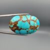 A 53.05-carat oval natural Iranian Neyshabur turquoise cabochon held in metal tweezers against a gray backdrop. The smooth front dome displays vibrant greenish-blue color pockets separated by bold, earthy brown matrix web patterns, while the unpolished reverse reveals the raw host rock matrix.
