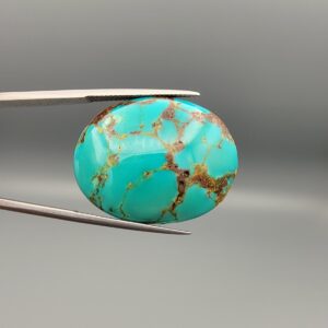 ​A 41.67-carat oval natural Iranian Neyshabur turquoise cabochon held in metal tweezers against a neutral gray backdrop. The glossy front displays a bright greenish-blue color interwoven with natural golden-brown spiderweb matrix patterns, while the reverse side reveals its raw, unpolished rock matrix base.