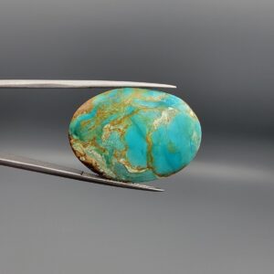 ​A 43.91-carat oval natural Iranian Neyshabur turquoise cabochon held in metal tweezers against a neutral gray backdrop. The polished front shows a vibrant greenish-blue body with swirling golden-brown matrix veining, while the reverse side showcases its unpolished, natural host rock base.