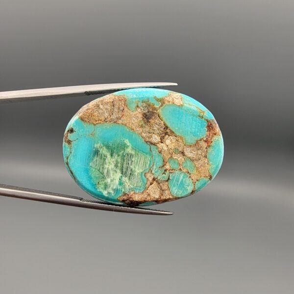 ​A 56.43-carat oval natural Iranian Neyshabur turquoise cabochon held in metal tweezers against a neutral gray background. The smooth, glossy front face displays a rich, vibrant greenish-blue color with fine hairline matrix veins, while the reverse side reveals raw, unpolished host rock integrated with turquoise pockets.