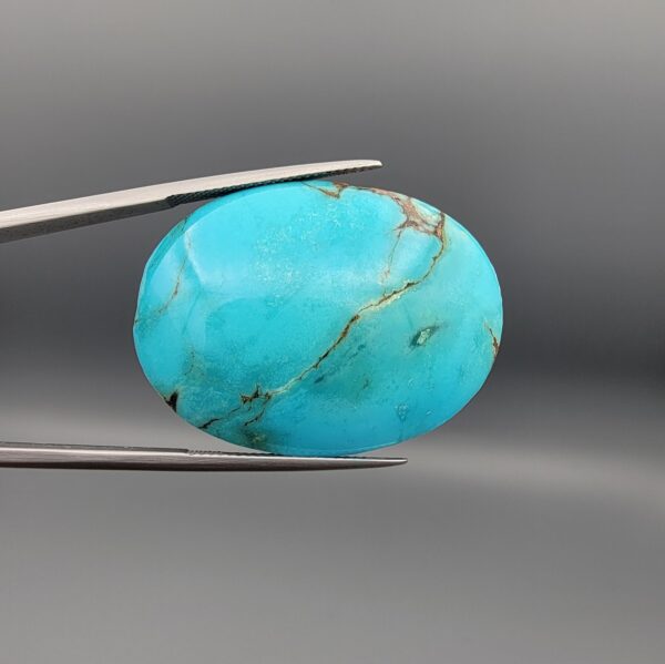 ​A 56.43-carat oval natural Iranian Neyshabur turquoise cabochon held in metal tweezers against a neutral gray background. The smooth, glossy front face displays a rich, vibrant greenish-blue color with fine hairline matrix veins, while the reverse side reveals raw, unpolished host rock integrated with turquoise pockets.