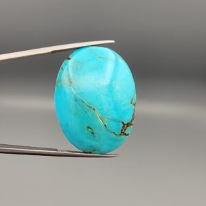 ​A 56.43-carat oval natural Iranian Neyshabur turquoise cabochon held in metal tweezers against a neutral gray background. The smooth, glossy front face displays a rich, vibrant greenish-blue color with fine hairline matrix veins, while the reverse side reveals raw, unpolished host rock integrated with turquoise pockets.