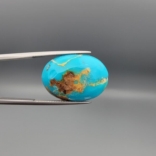 A 22.36-carat oval natural Iranian Neyshabur turquoise cabochon held in metal tweezers against a neutral gray background. The front exhibits a rich sky-blue tone with soft brownish-white natural matrix patches, while the reverse side showcases a raw brown matrix core interwoven with blue turquoise.