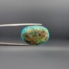 ​A 20.70-carat oval natural Iranian Neyshabur turquoise cabochon held in metal tweezers against a neutral gray background. The front features a smooth greenish-blue dome with naturally scattered golden-brown matrix clusters, while the reverse side reveals a raw brown earthy host-rock base.