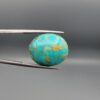 ​A 17.29-carat oval natural Iranian Neyshabur turquoise cabochon held in metal tweezers against a neutral gray background. The front presents a smooth greenish-blue dome with naturally distributed golden-brown matrix mottling, while the reverse side reveals a flat surface covered with golden host rock and turquoise patterning.