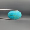 A 15.45-carat oval natural Iranian Neyshabur turquoise cabochon held in metal tweezers against a neutral gray background. The front presents a smooth greenish-blue dome with a delicate spiderweb network of golden-brown matrix lines, while the reverse side reveals a flat, unpolished host-rock surface mixed with raw turquoise.