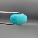 A 15.45-carat oval natural Iranian Neyshabur turquoise cabochon held in metal tweezers against a neutral gray background. The front presents a smooth greenish-blue dome with a delicate spiderweb network of golden-brown matrix lines, while the reverse side reveals a flat, unpolished host-rock surface mixed with raw turquoise.