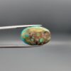 A 15.45-carat oval natural Iranian Neyshabur turquoise cabochon held in metal tweezers against a neutral gray background. The front presents a smooth greenish-blue dome with a delicate spiderweb network of golden-brown matrix lines, while the reverse side reveals a flat, unpolished host-rock surface mixed with raw turquoise.