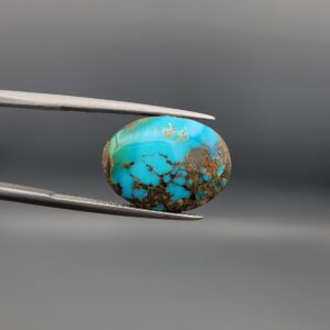 An 11.15-carat oval natural Iranian Neyshabur turquoise cabochon held in metal tweezers against a neutral gray background. The front displays a high-gloss greenish-blue dome with a heavy, intricate network of dark brownish-golden matrix, while the reverse side reveals a flat, unpolished grey host-rock base.