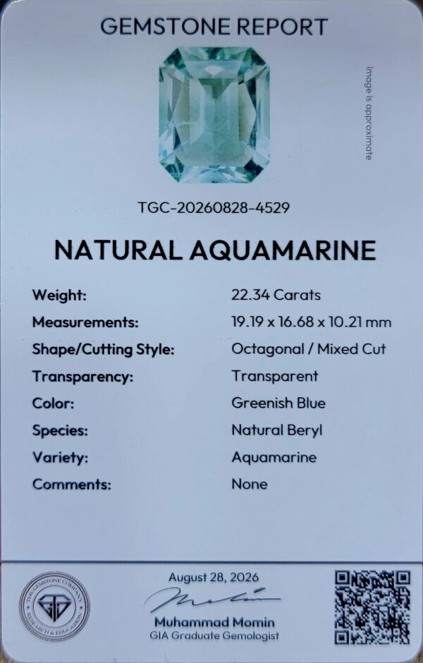 Digital image of a Gemstone Report from The Gemstone Company (Report # TGC-20260828-4529) dated August 28, 2026, signed by GIA Graduate Gemologist Muhammad Momin. It details a 22.34 Carat Octagonal Mixed Cut Natural Aquamarine with transparent greenish-blue color.