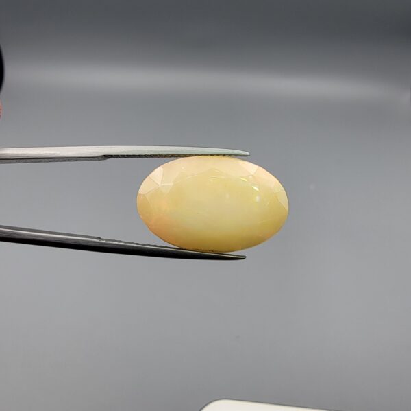 Studio photograph held in steel tweezers showcasing a massive 10.67 carat natural oval-shaped Ethiopian opal loose gemstone featuring a double-side fancy cut with flat and domed facets.