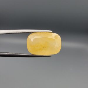 Studio photograph held in steel tweezers showcasing a large 13.70 carat natural cushion-shaped yellow sapphire (Pukhraj) loose gemstone with vibrant golden-yellow hue.