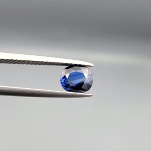 Studio photograph held in steel tweezers showcasing a 1.00 carat natural oval-shaped blue sapphire (Neelam) loose gemstone with a high-shine finish and classic blue facets.