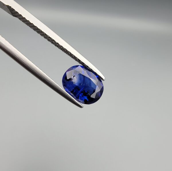 Studio photograph held in steel tweezers showcasing a 1.20 carat natural oval-shaped blue sapphire loose gemstone with rich blue facets and visible surface inclusions.
