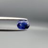 Studio photograph held in steel tweezers showcasing a 1.20 carat natural oval-shaped blue sapphire loose gemstone with rich blue facets and visible surface inclusions.
