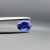 Studio photograph held in steel tweezers showcasing a 1.14 carat natural oval-shaped blue sapphire loose gemstone with deep blue facets and a high-shine finish.