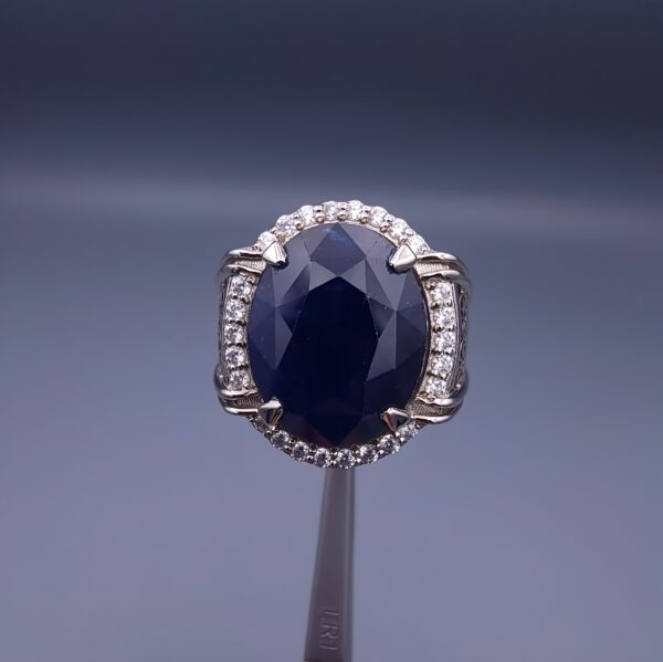 Studio close-up photograph of a handcrafted men's 925 sterling silver ring featuring a massive 19.72 carat oval blue sapphire center stone surrounded by a zircon halo and detailed with seven carved wheel motifs along the shank.