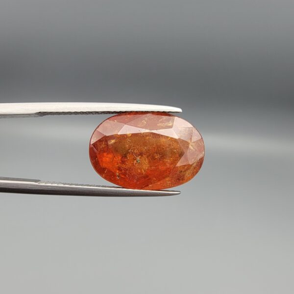 Studio close-up photographs showing the front and back view of a 10.74 carat oval-cut natural hessonite garnet gemstone displaying a warm honey-orange color and semi-transparent clarity.