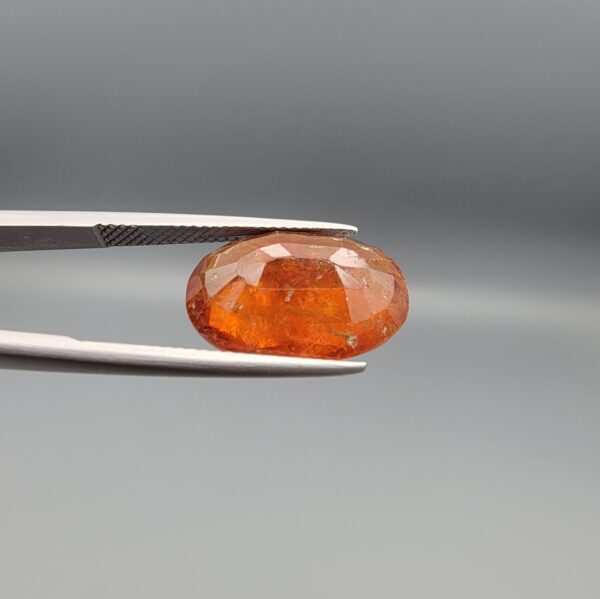 Studio close-up photographs showing the front and back view of a 10.74 carat oval-cut natural hessonite garnet gemstone displaying a warm honey-orange color and semi-transparent clarity.