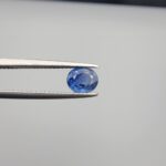 Studio close-up photographs showing the top table and side facet profile views of a 1.19 carat oval cut natural blue sapphire loose gemstone held in precision tweezers.