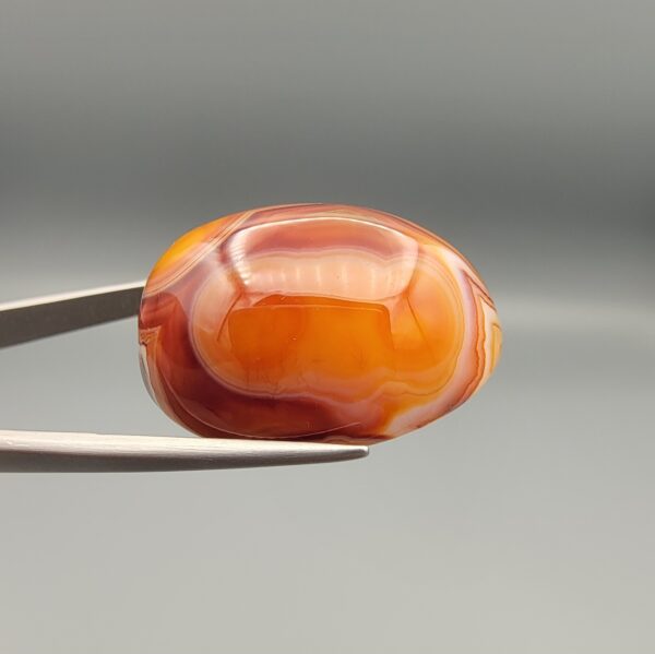 Studio close-up photographs showing the high-domed top surface, intricate concentric color banding, and reverse pattern views of a 56.58 carat dome-shaped natural chalcedony banded agate loose gemstone held in precision tweezers.