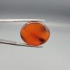 Studio close-up photographs showing the smooth polished dome, vibrant translucent orange body, and distinct internal black mineral layers of a 23.07 carat oval carnelian agate loose gemstone held in precision tweezers.