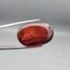 Studio close-up photographs showing the high-domed top surface, deep dark banding, and reverse pattern views of a 28.80 carat oval cabochon natural chalcedony agate loose gemstone held in precision tweezers.