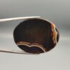Studio close-up photographs showing the high-domed top surface, deep dark base, intricate organic white and brown banding, and profile thickness views of a 51.94 carat oval cabochon Sulemani Aqeeq agate loose gemstone held in precision tweezers.