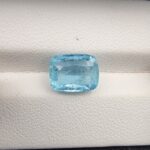Galaxy Gemological Institute gem report certificate displaying specifications, QR code, and a digital product preview image of a 3.54 carat cushion mixed cut natural aquamarine gemstone.