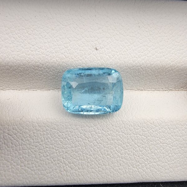 Galaxy Gemological Institute gem report certificate displaying specifications, QR code, and a digital product preview image of a 3.54 carat cushion mixed cut natural aquamarine gemstone.