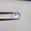 Studio close-up photographs showcasing a 1.44-carat oval-cut natural vivid purple sapphire loose gemstone with visible internal feathering and distinct color zoning, held securely in precision tweezers against a neutral grey background.